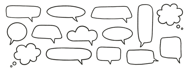 Fototapeta premium Speech bubbles, crayon set. Chalk talk thought boxes. Line hand drawn chat frames, kid doodle style. Dialogue balloon clouds. Pencil drawing, black elements on white background. Vector illustration