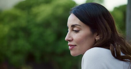 Future, space and thinking with woman in garden of home for hope, ideas or inspiration. Happy, mindset and vision with mature person outdoor in backyard for thoughtful contemplation or wonder - Powered by Adobe