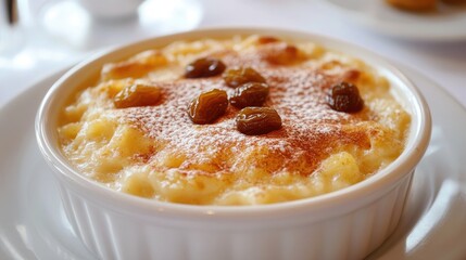 Classic rice pudding topped with golden raisins and powdered cinnamon in a clean white dish