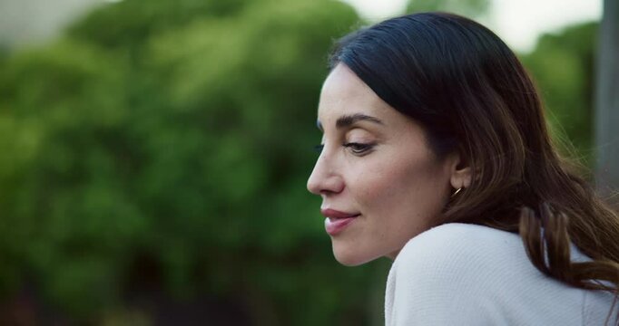 Future, space and thinking with woman in garden of home for hope, ideas or inspiration. Happy, mindset and vision with mature person outdoor in backyard for thoughtful contemplation or wonder