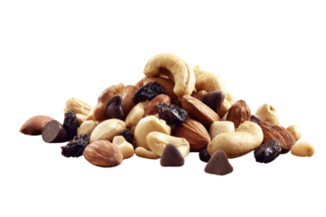 Delicious trail mix with cashews, almonds, raisins, and chocolate chips on a transparent background vector for healthy snacking and energy boost