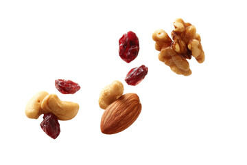 Assortment of healthy trail mix ingredients: almonds, cashews, walnuts, and cranberries on a transparent background vector Concept of nutritious snack, balanced diet, and healthy eating