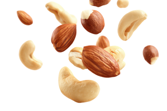 Assorted nuts including almonds, cashews, and hazelnuts floating on a transparent background vector, concept of healthy snack and nutritious food
