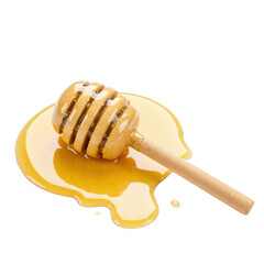 Wooden honey dipper in spilled honey pool isolated on transparent background