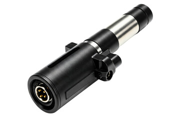 Black and silver cylindrical electrical connector isolated on a transparent background