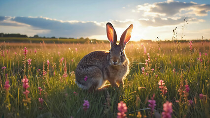 Obraz premium Rabbit in a meadow at sunset