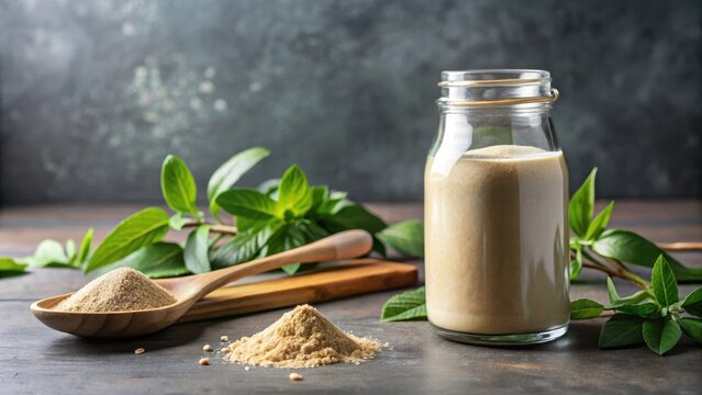 Ashwagandha Superfood Powder in a Glass Bottle with Spoon, superfood powder, botanicals