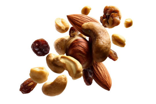 Assorted nuts and dried fruits floating on a transparent background vector Concept of healthy snack, nutritious food, and balanced diet