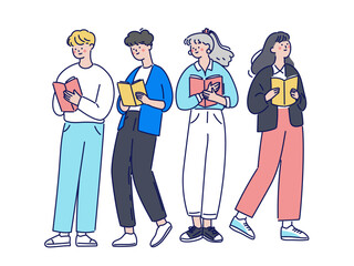本を読む4人の学生グループのイラスト