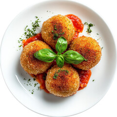 Delicious Arancini balls served on a white plate with tomato sauce and basil garnish Concept of Italian cuisine, appetizer, and gourmet food