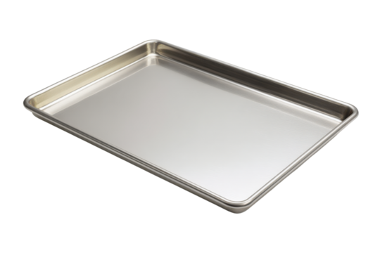 Stainless steel baking sheet on a black background, perfect for cooking and baking in the kitchen, showcasing its clean and modern design