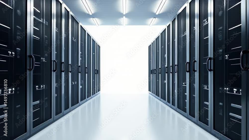 Poster data center. server racks. modern technology. black metal. digital equipment. bright lighting. clean