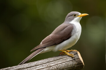 A bird sits on top of a piece of wood, surrounded by natural elements