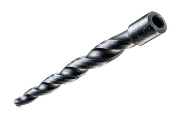 Closeup of a shiny metal twist drill bit on a black background, showcasing its spiral flutes and cutting edge for drilling and construction