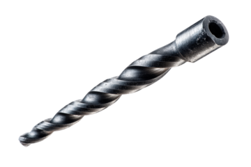 Closeup of a shiny metal twist drill bit on a black background, showcasing its spiral flutes and cutting edge for drilling and construction