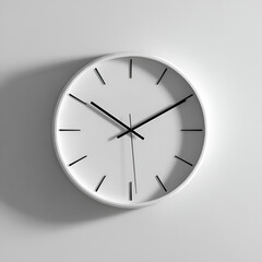 A minimalist white round wall clock with a clean design showing time against a white wall.