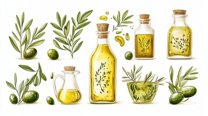 Set of Olive Oil Bottles, Olive Branches, and Splash of Olive Oil, Isolated on Transparent Background -