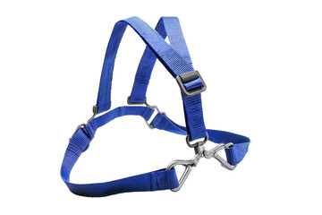Blue nylon dog harness with metal buckles on a transparent background vector for pet safety and control during outdoor activities