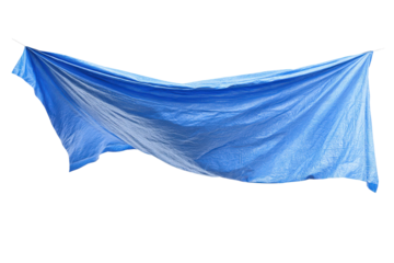 Wrinkled blue tarp hanging on a transparent background vector, ideal for construction, weather protection, and temporary shelter concepts