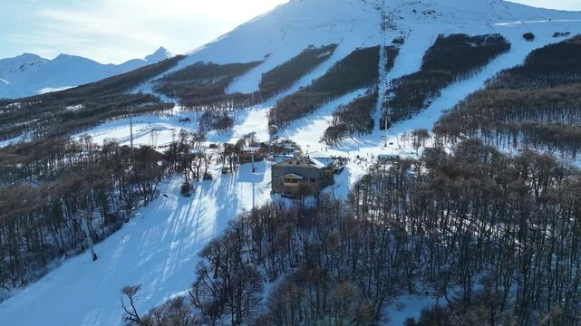 Cerro Castor In Ushuaia Tierra Del Fuego Argentina. Aerial View Of A Ski Resort Nestled In The Snowy Mountains. Outdoor Travel Patagonia Glacier. Landmark Patagonia Aerial View Floresta.