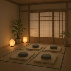 Modern Zen Meditation Room with Shoji Screens and Paper Lanterns