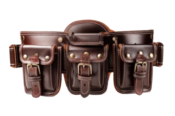 Brown leather tool belt with pockets and brass buckles, isolated on transparent background vector Concept of craftsmanship, construction, and vintage style