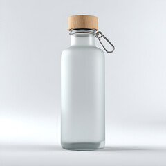 Modern frosted glass water bottle with wooden lid and silver carabiner on a clean white background.