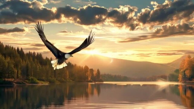 Majestic eagle soaring over tranquil lake at sunrise