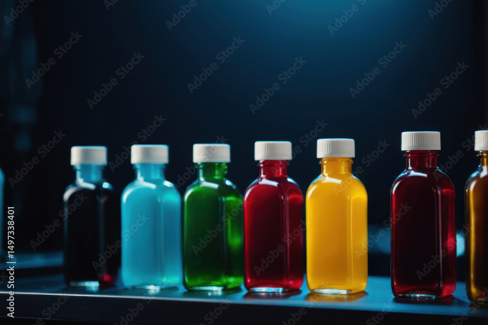 Poster a collection of colorful bottles sits on a table, perfect for use in still life or beverage advertis