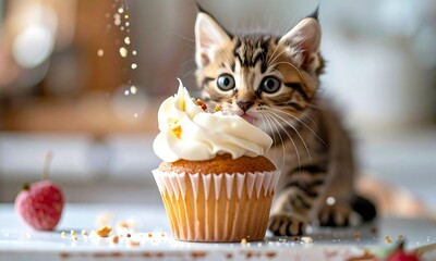 Cute Kitten Licking a Sweet Cupcake with Colorful Sprinkles in a Cozy Holiday Setting – Adorable Animal Dessert Scene with Soft Lighting and Warm Tones

