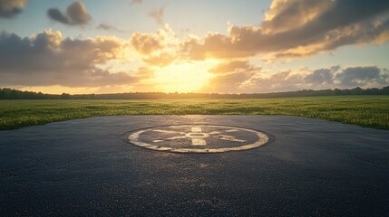 Helipad runway sun meadow landscape sunrise airstrip field sky clouds golden hour serene travel