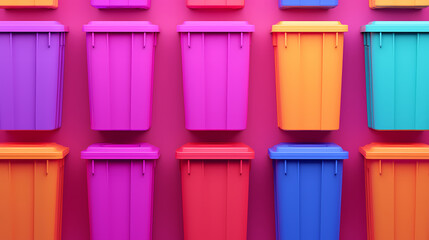 Brightly colored trash bins arranged in rows against a vibrant pink wall, creating a bold and modern visual pattern.