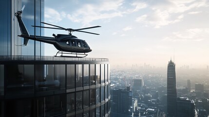 High Rise Helicopter Pad Landing Luxury Travel Urban Cityscape Aviation Modern Architecture Tour