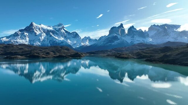 National Park In Torres Del Paine Punta Arenas Chile. Aerial View Of A River Surrounded By Lush Green Tropical Rainforest. Nature Travel Snow Covered Forest Trees. Nature Outdoors High Angle View.