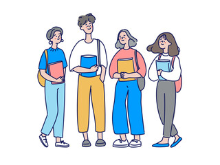 教科書を持って立つ学生グループのイラスト