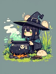 Cute witch stirring a bubbling cauldron in a grassy meadow.