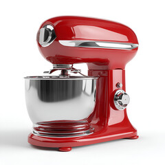 A vibrant red stand mixer with a glossy finish and polished silver bowl presented on white backdrop.