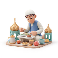 Stylized 3D render depicts a person breaking their fast with food and beverages during the daytime.
