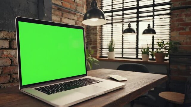 Laptop with green screen on desk perfect for mockups presentations or digital workspace visuals