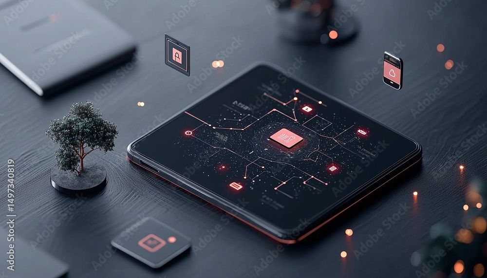 Poster digital technology interface with glowing circuitry and bonsai tree