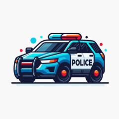 Police car illustration in blue and white colors with lights  