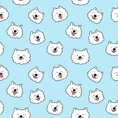 Seamless Pattern with Cute Cartoon Dog Face Design on Light Blue Background. Hand Drawn Vector Illustration. 