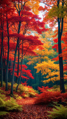 A serene and vibrant view of a densely packed forest of deciduous trees during the fall season with emphasis on the warm, rich colors of red, orange, yellow and green... AI generated illustration. 