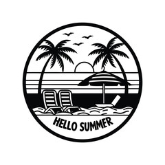 Tropical Beach Scene Black Silhouette Design, vector illustration