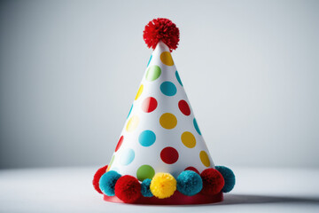 Colorful party hat with fluffy pom poms on top, great for celebrations and parties