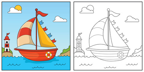 sailboat , transportation, vehicle, outline coloring book for kids.