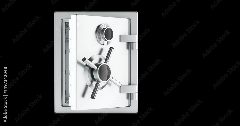 Poster opening empty safe box with combination lock and closing, animation seamlessly loopable. 3d renderin