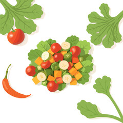 Vibrant salad illustration, healthy eating concept, fresh vegetables with minimalistic style on white background
