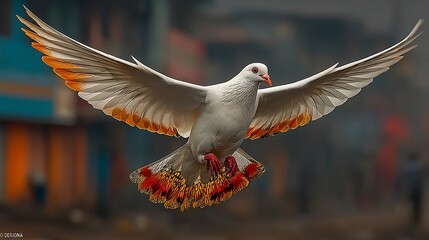 White Pigeon Flight with City Background, and Bird Wings.