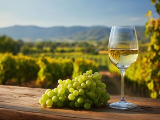 A glass of white wine and a bunch of green grapes rest on a wooden table, with a vineyard, rolling hills, and a clear blue sky creating a scenic backdrop.